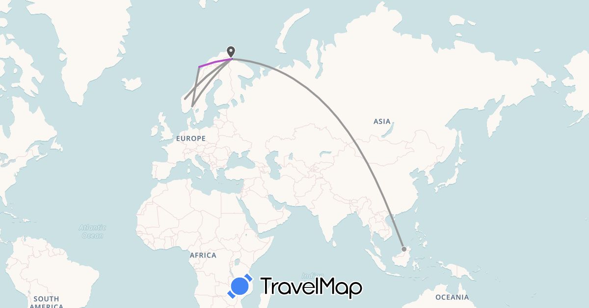 TravelMap itinerary: driving, plane, cycling, train, hiking, motorbike in Brunei, Norway (Asia, Europe)